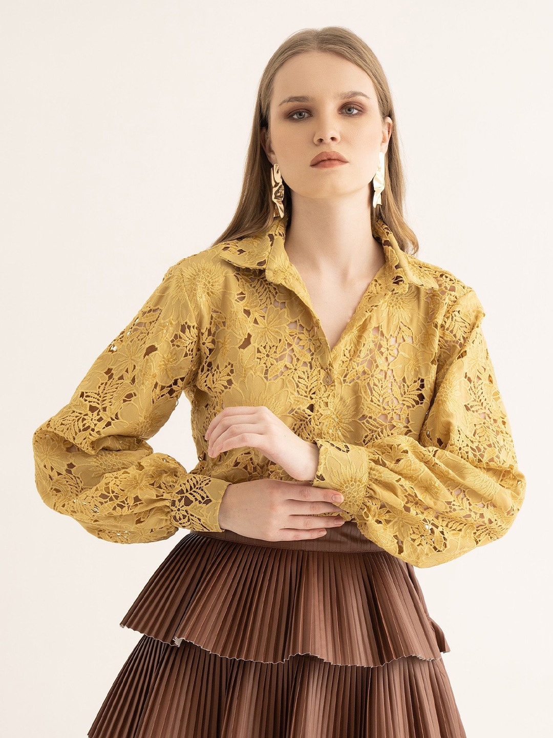 

TORQADORN Women Semi Sheer Striped Party Shirt, Yellow