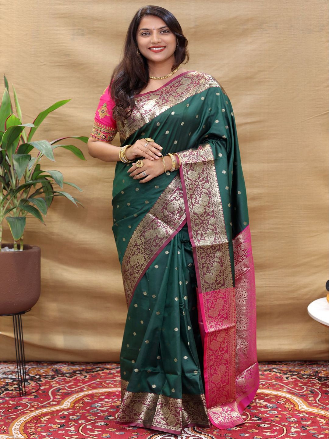 

SGF11 Woven Design Pure Zari Heavy Work Paithani Kanjeevaram Silk Saree, Green