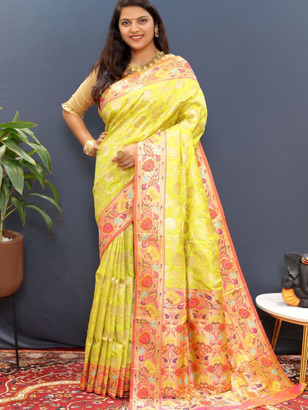 

SGF11 Woven Design Pure Zari Heavy Work Paithani Kanjeevaram Silk Saree, Yellow