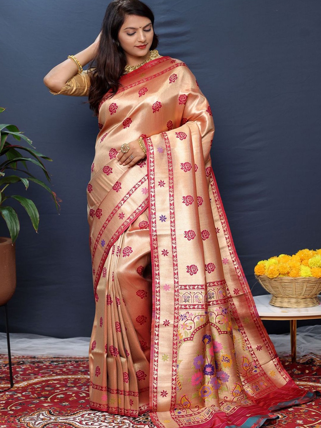 

SGF11 Woven Design Heavy Zari Work Kanjeevaram Silk Saree, Peach