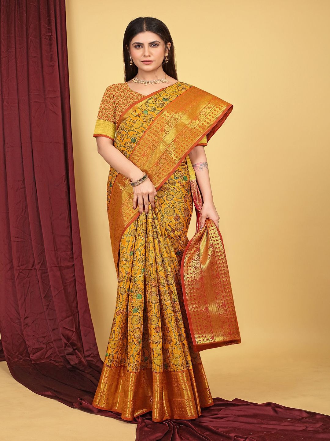 

SGF11 Woven Design Heavy Zari Work Kanjeevaram Silk Saree, Mustard