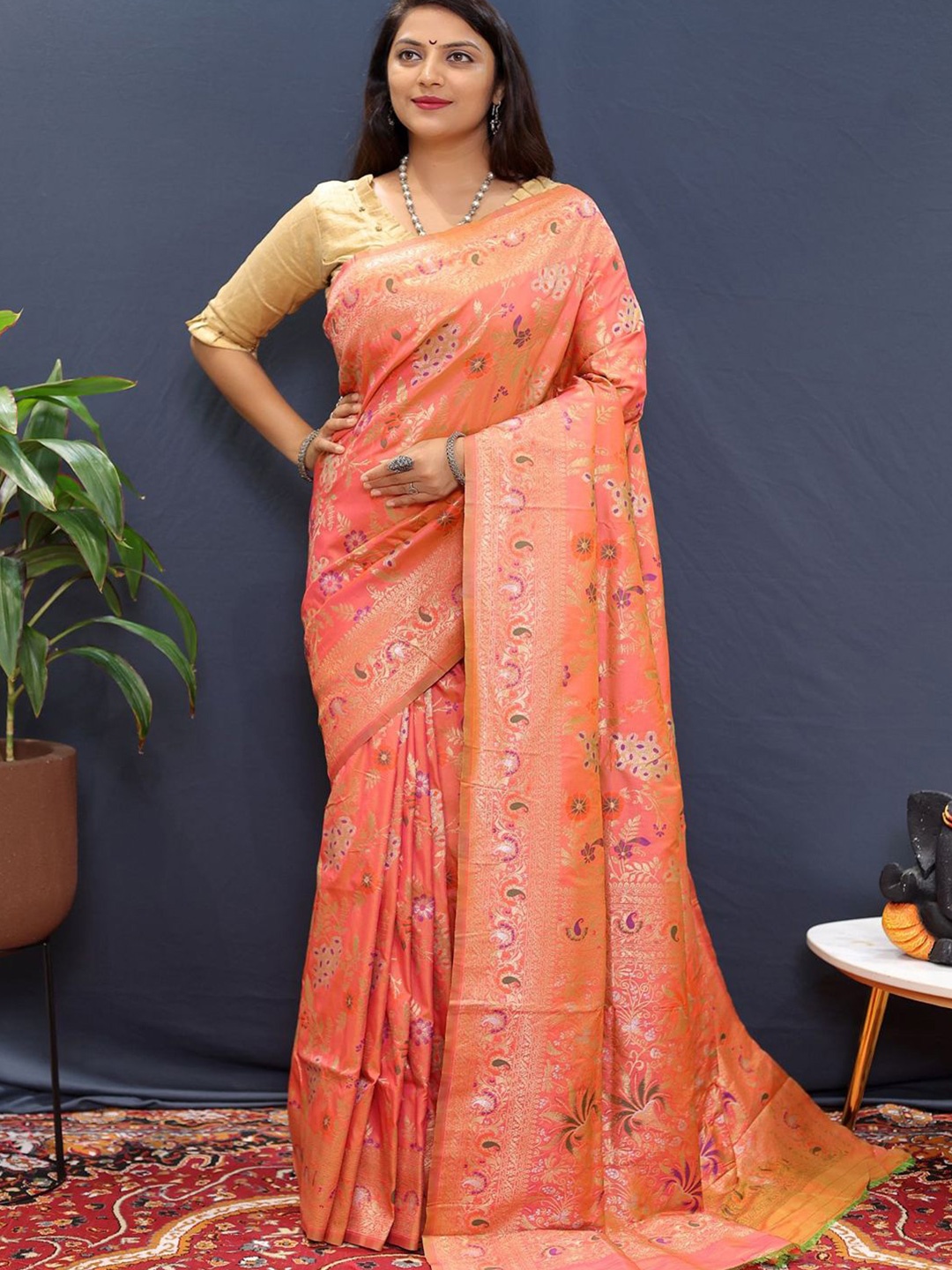 

SGF11 Woven Design Heavy Zari Work Kanjeevaram Silk Saree, Peach