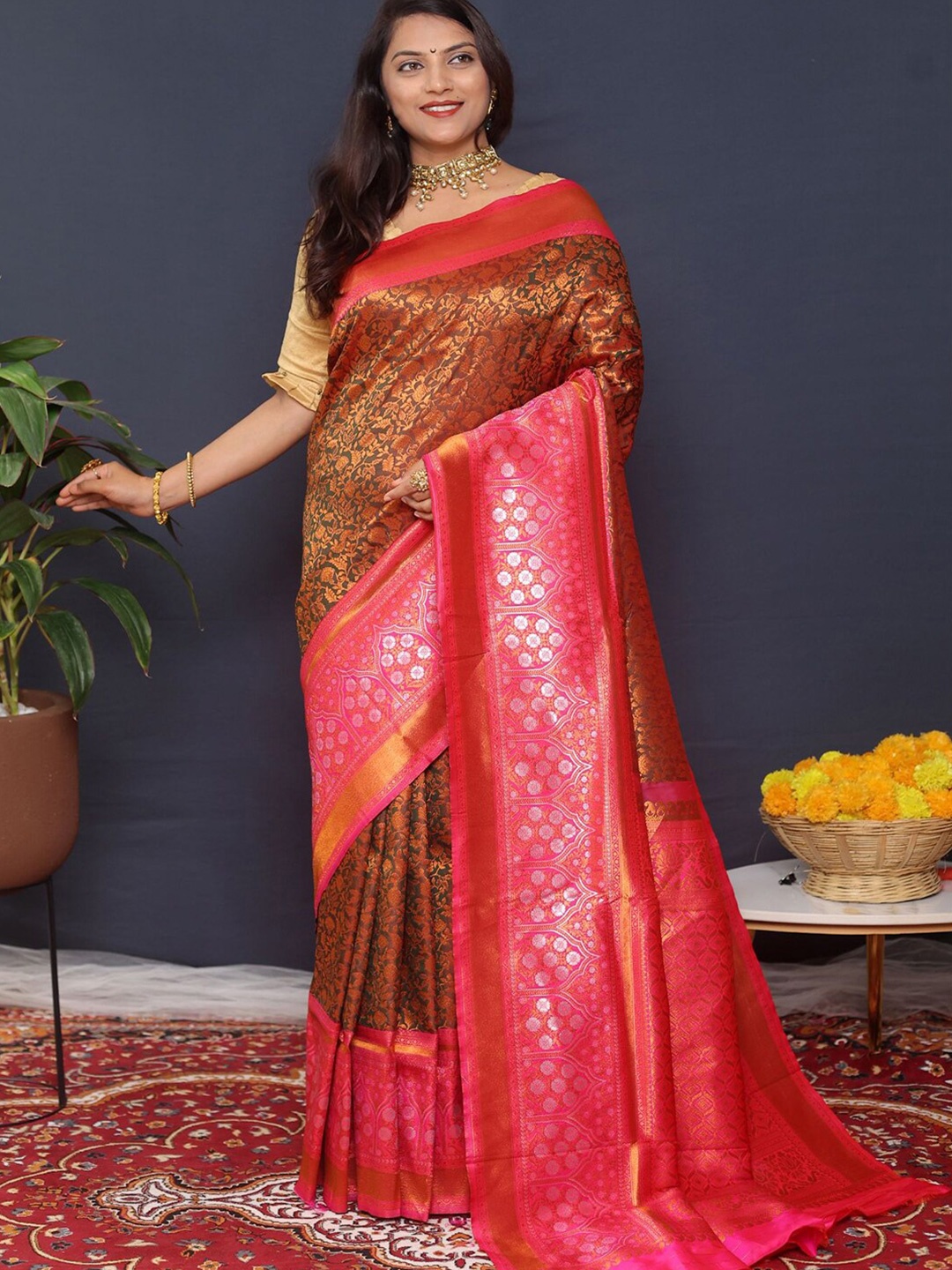 

SGF11 Woven Design Heavy Zari Work Kanjeevaram Silk Saree, Copper