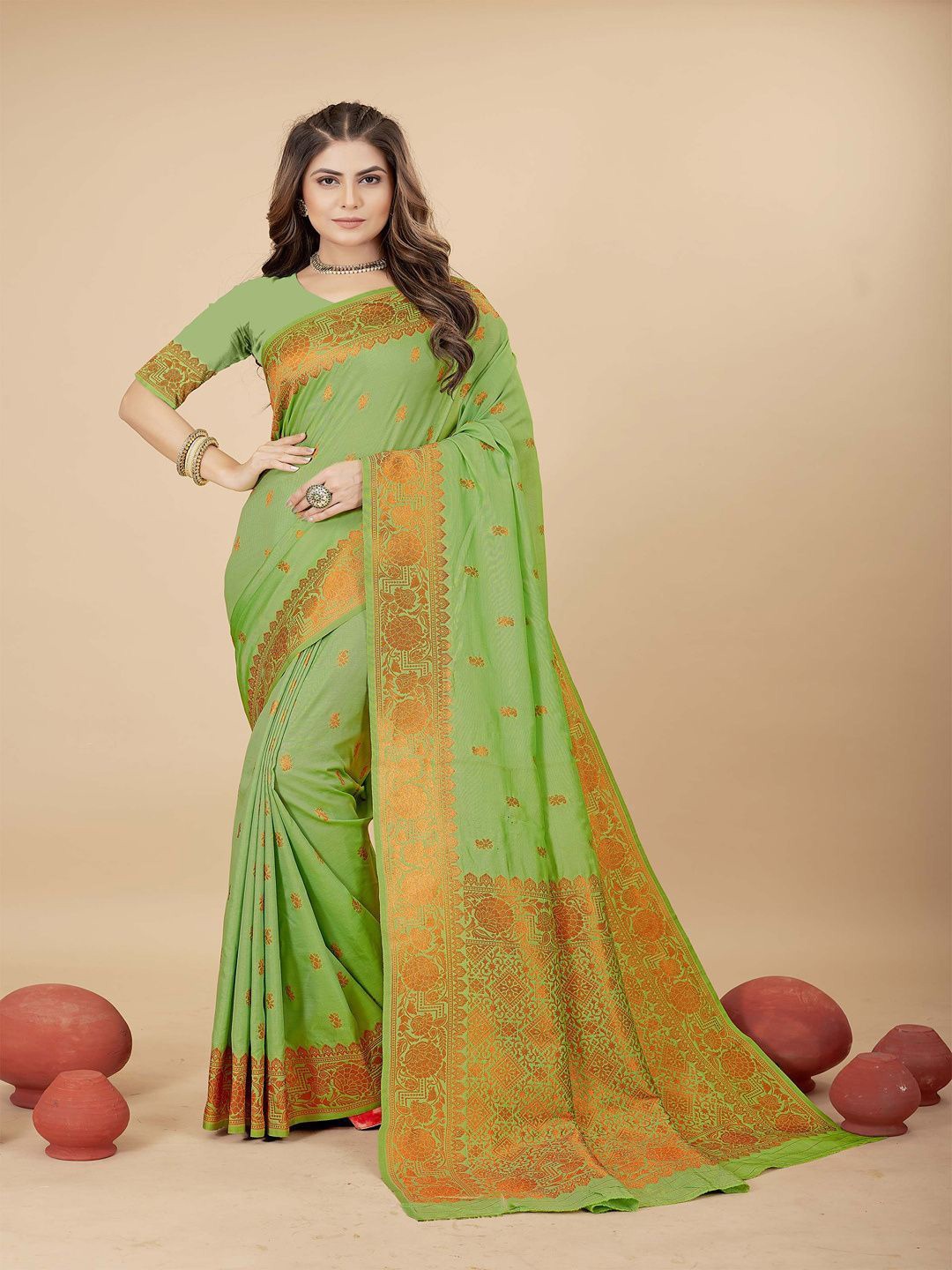 

SGF11 Woven Design Pure Zari Heavy Work Kanjeevaram Silk Saree, Green