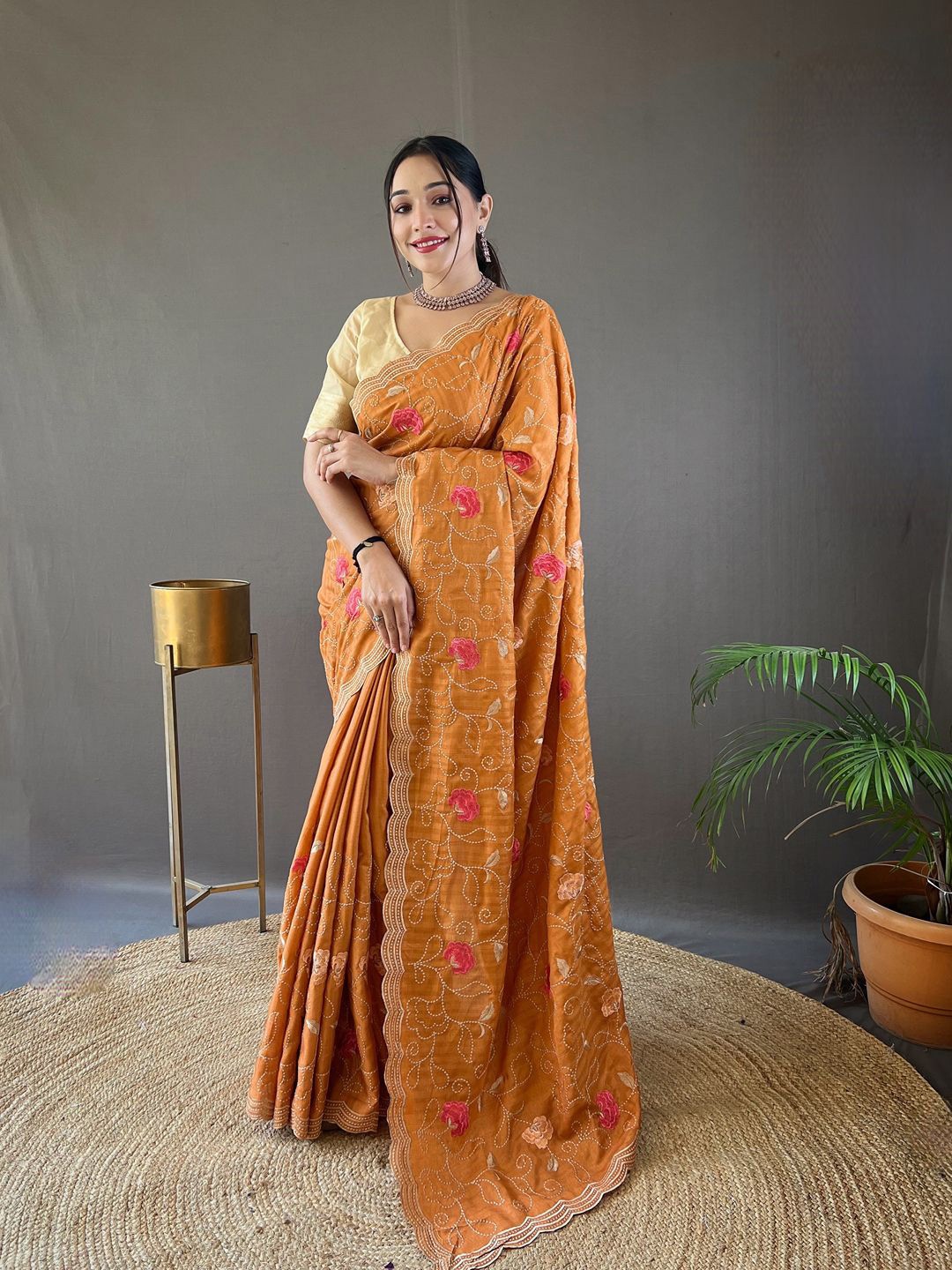 

SGF11 Embellished Embroidered Heavy Work Art Silk Saree, Mustard