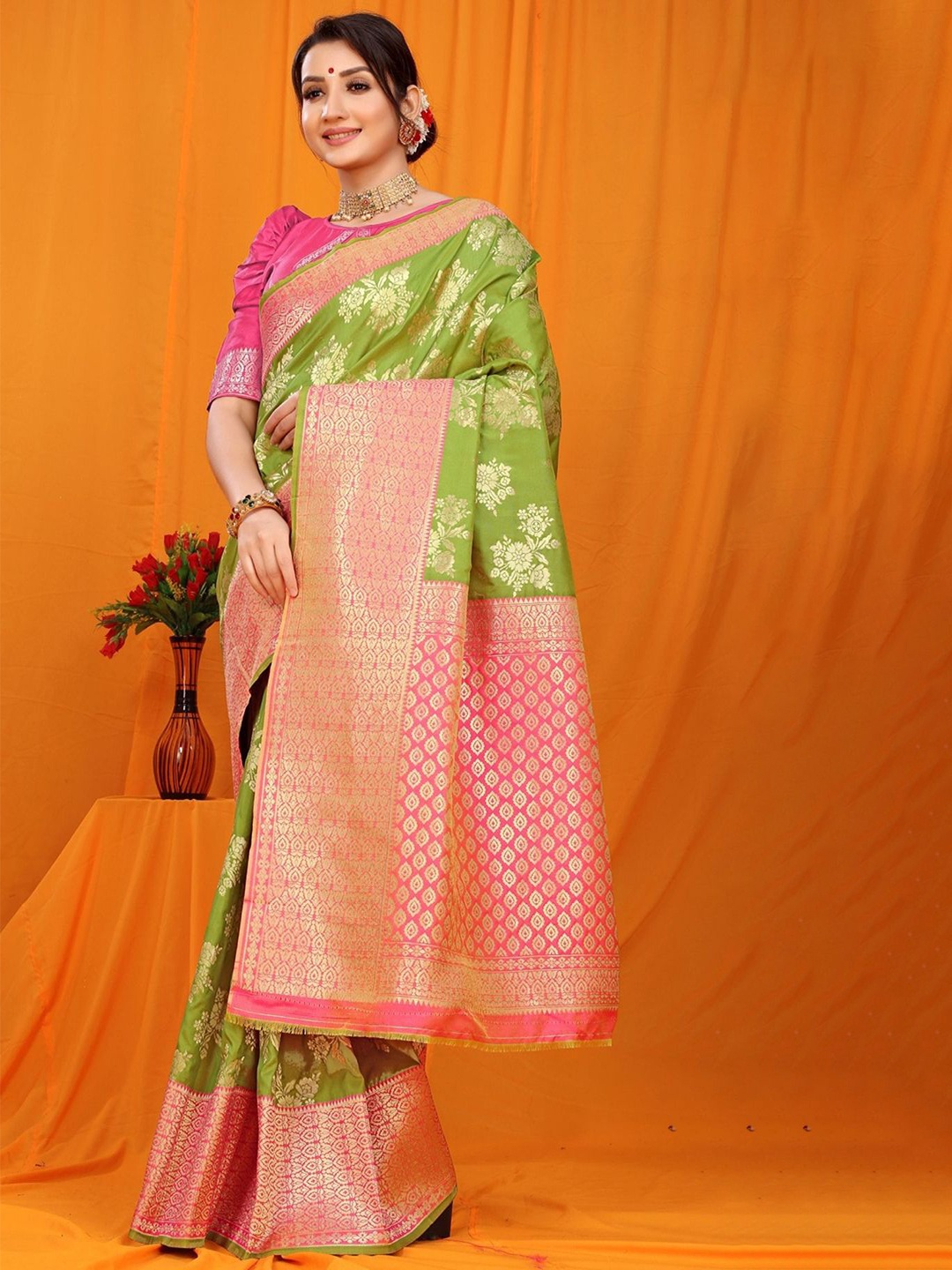 

SGF11 Woven Design Heavy Zari Work Kanjeevaram Silk Saree, Green