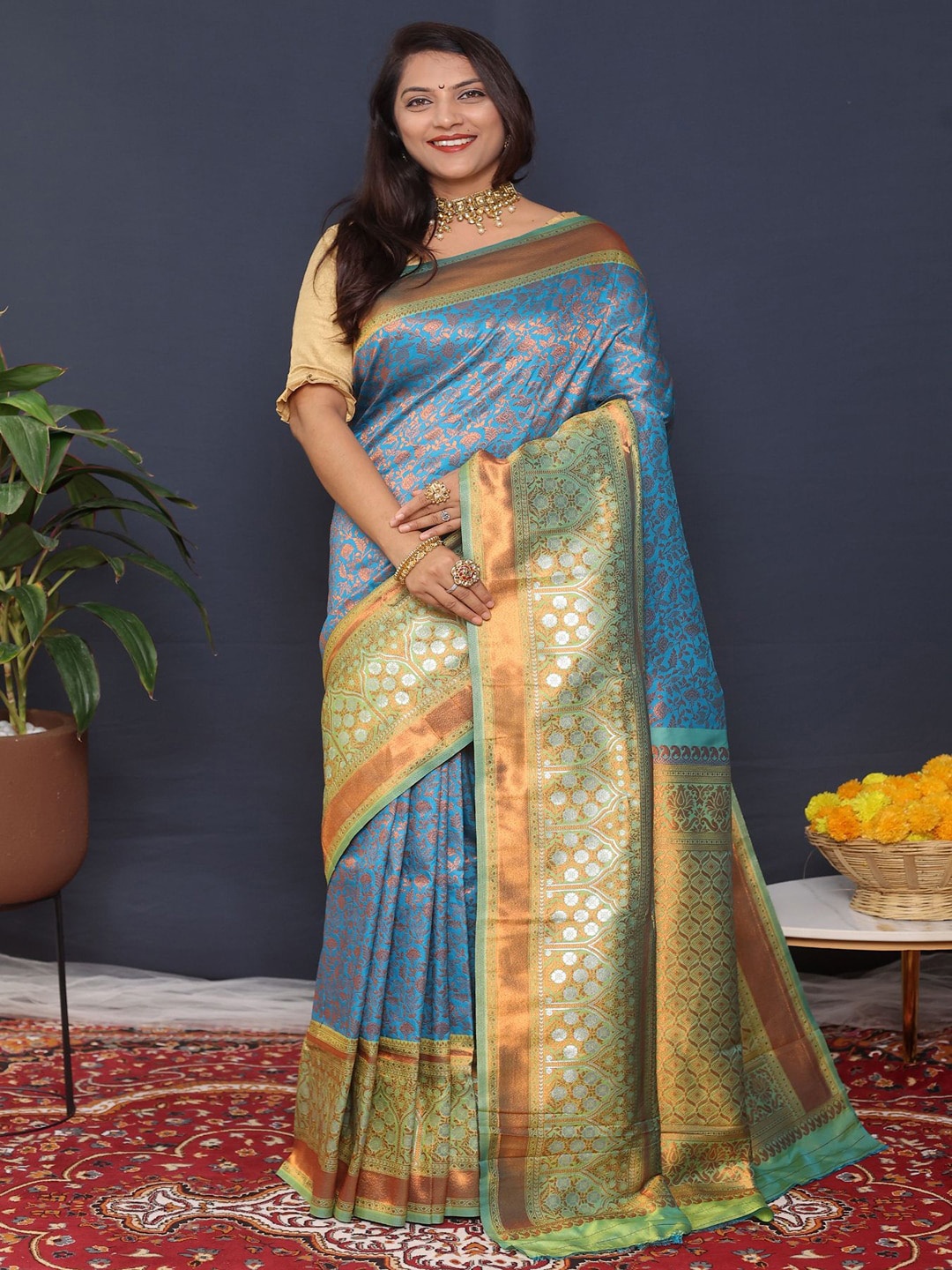 

SGF11 Woven Design Heavy Zari Work Kanjeevaram Silk Saree, Blue