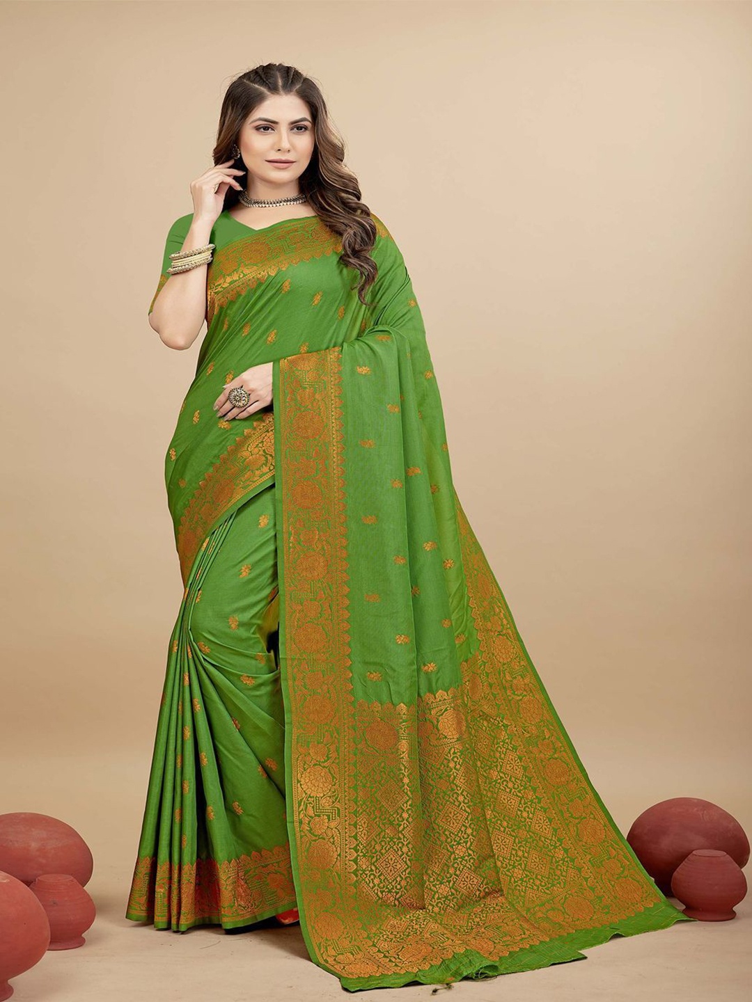 

SGF11 Woven Design Pure Zari Heavy Work Kanjeevaram Silk Saree, Green