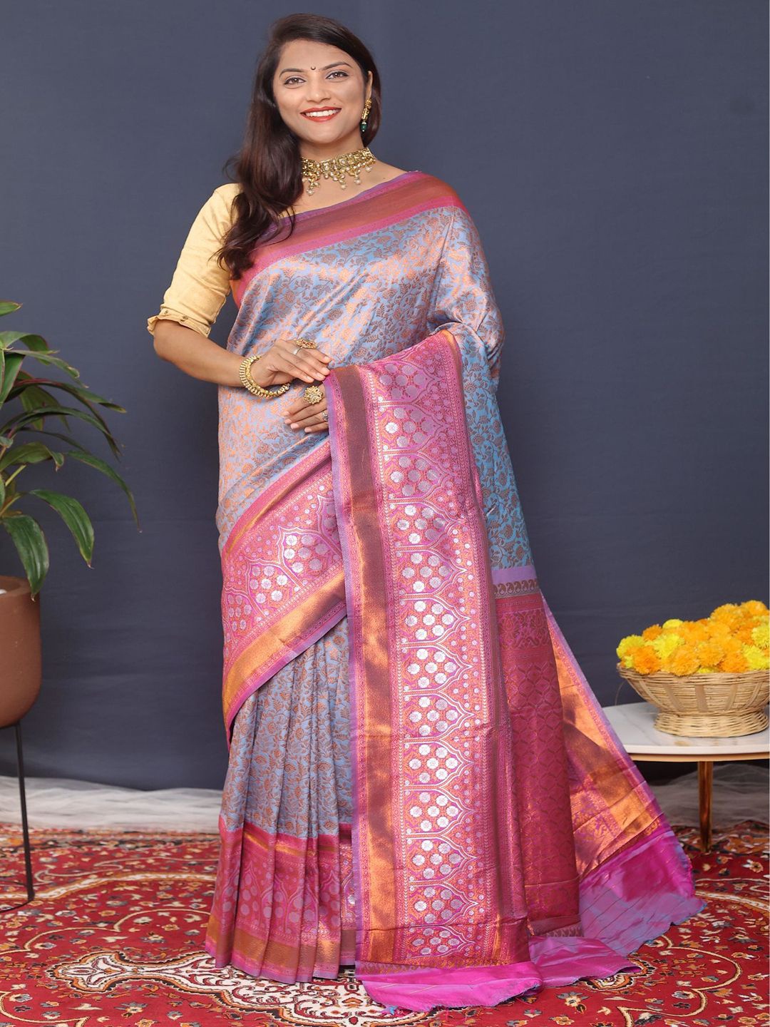 

SGF11 Woven Design Heavy Zari Work Kanjeevaram Silk Saree, Grey