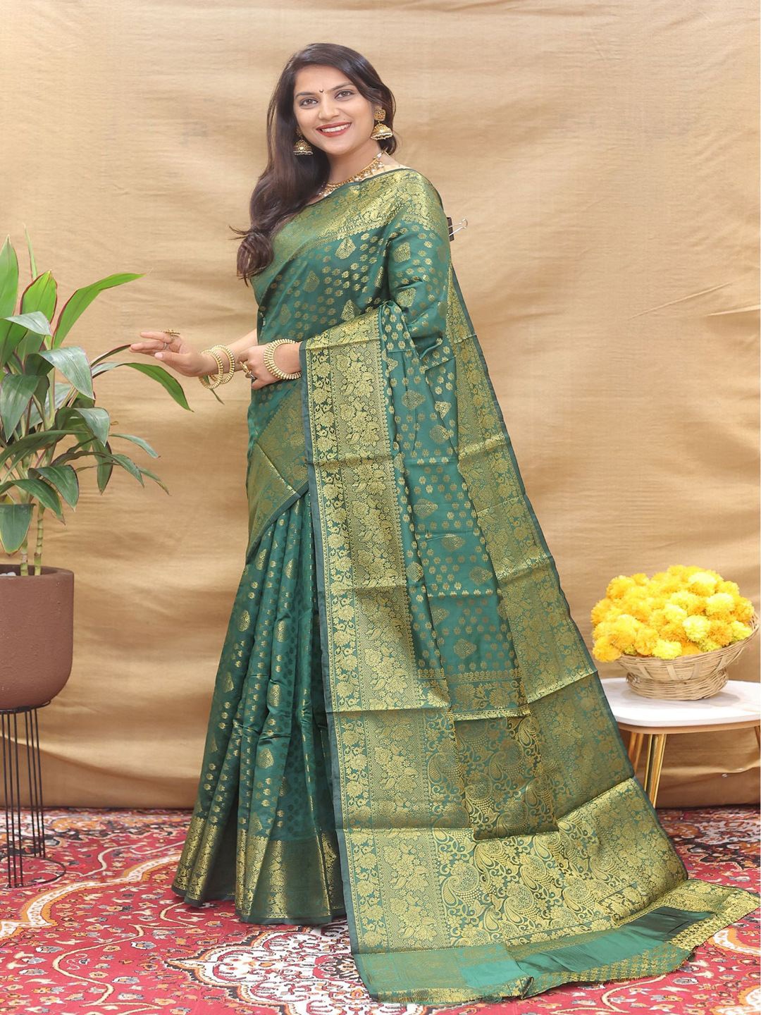 

SGF11 Woven Design Heavy Zari Work Kanjeevaram Silk Saree, Green