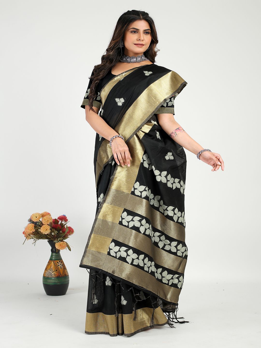 

SGF11 Woven Design Heavy Zari Work Kanjeevaram Silk Saree, Black