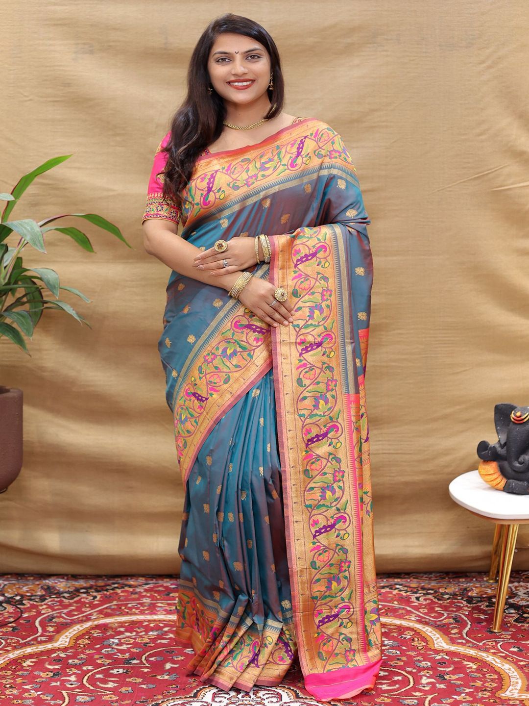 

SGF11 Woven Design Heavy Zari Work Kanjeevaram Silk Saree, Teal