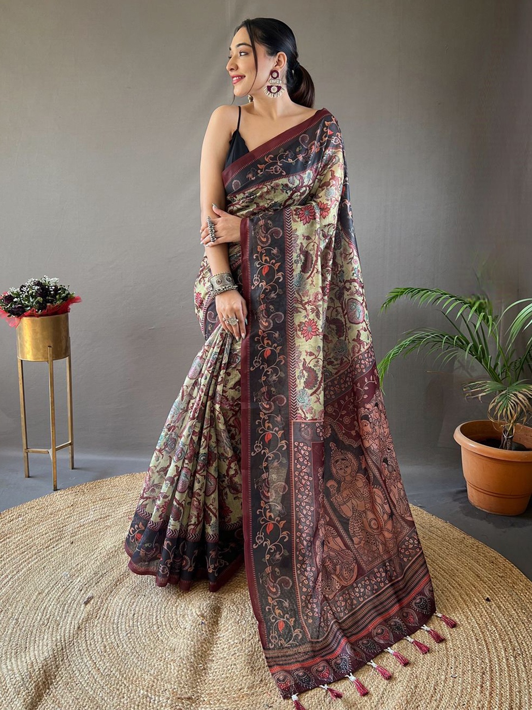 

SGF11 Kalamkari Printed Silk Cotton Chanderi Saree, Green