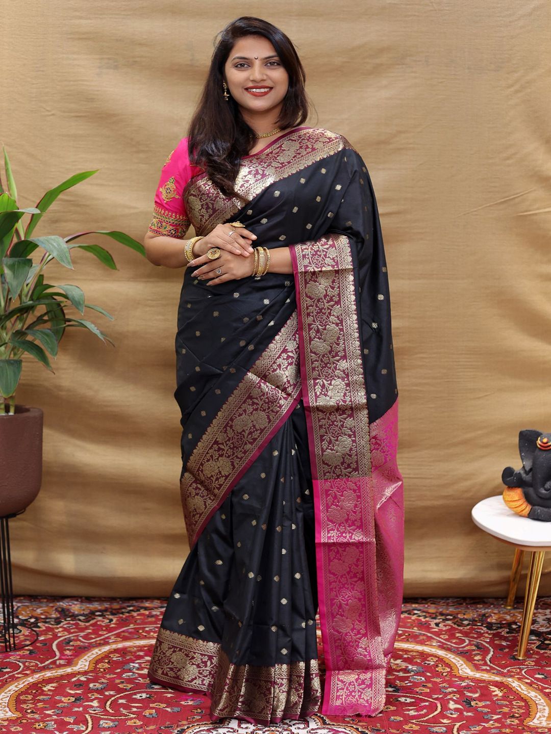 

SGF11 Woven Design Pure Zari Heavy Work Paithani Kanjeevaram Silk Saree, Black