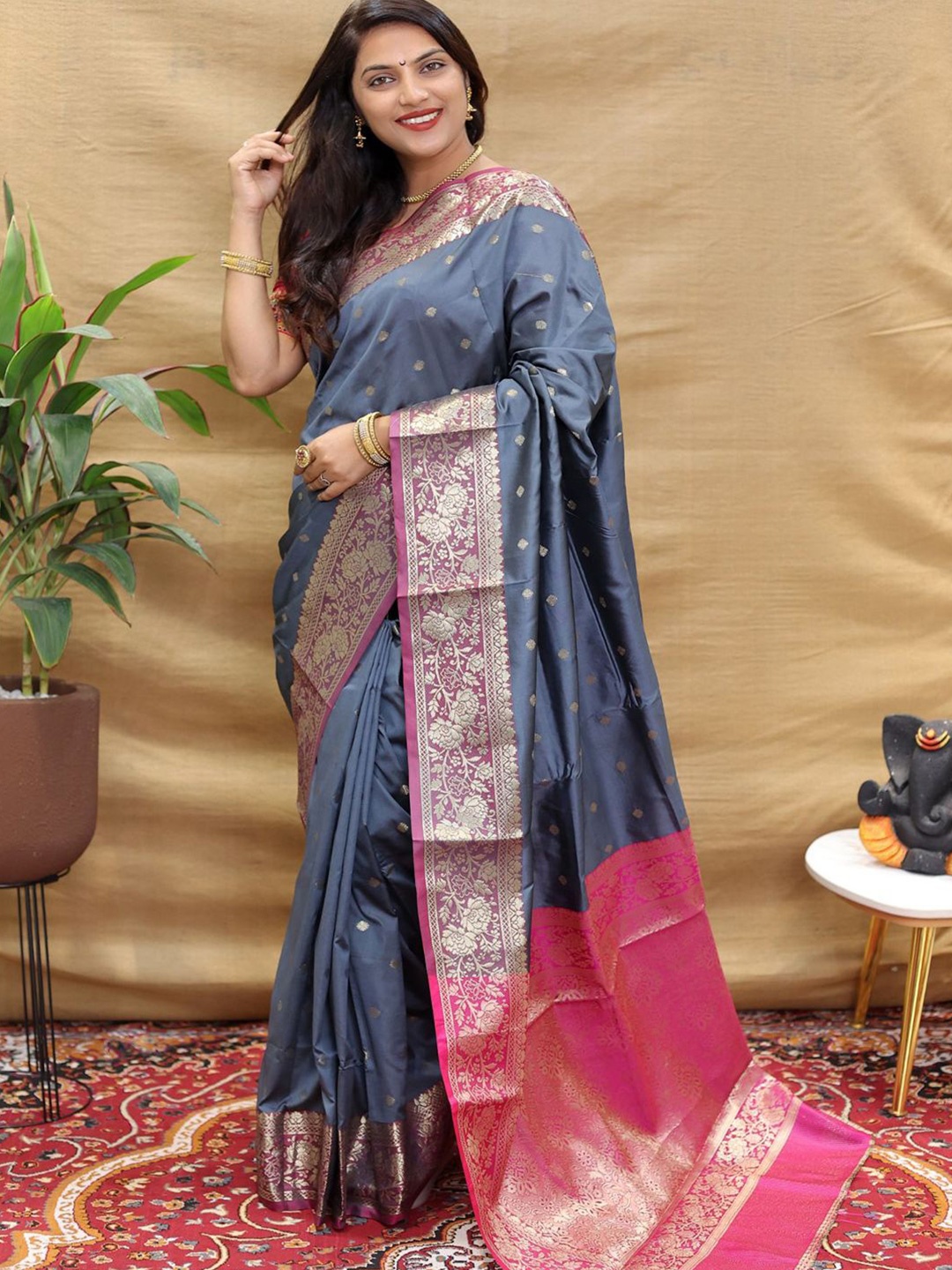 

SGF11 Woven Design Pure Zari Heavy Work Paithani Kanjeevaram Silk Saree, Grey