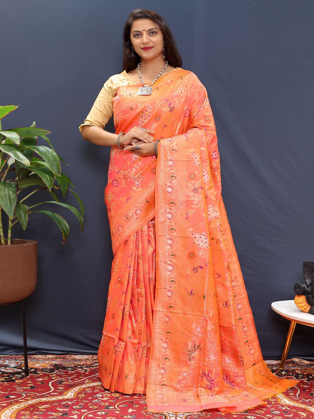 

SGF11 Woven Design Heavy Zari Work Kanjeevaram Silk Saree, Orange