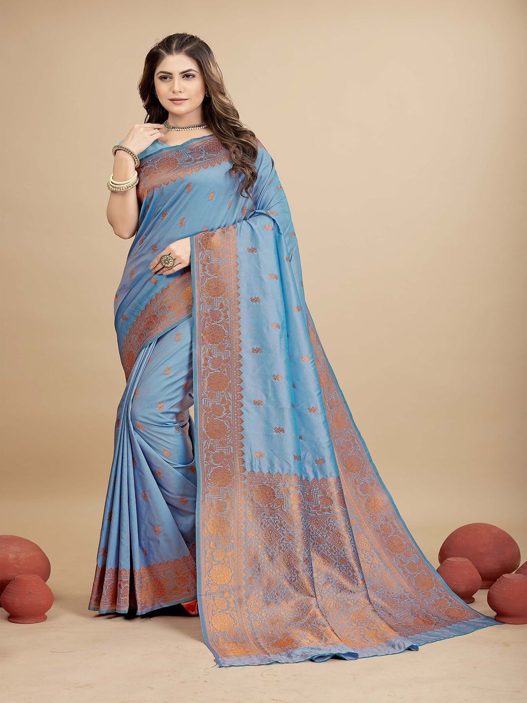 

SGF11 Woven Design Pure Zari Heavy Work Kanjeevaram Silk Saree, Blue