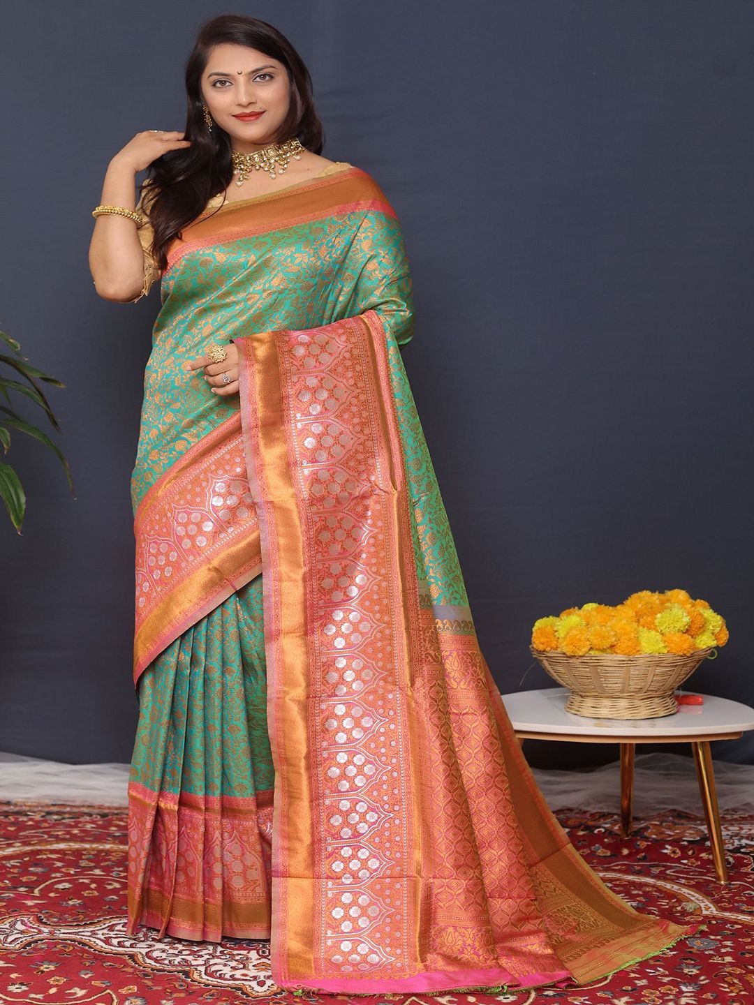 

SGF11 Woven Design Heavy Zari Work Kanjeevaram Silk Saree, Green