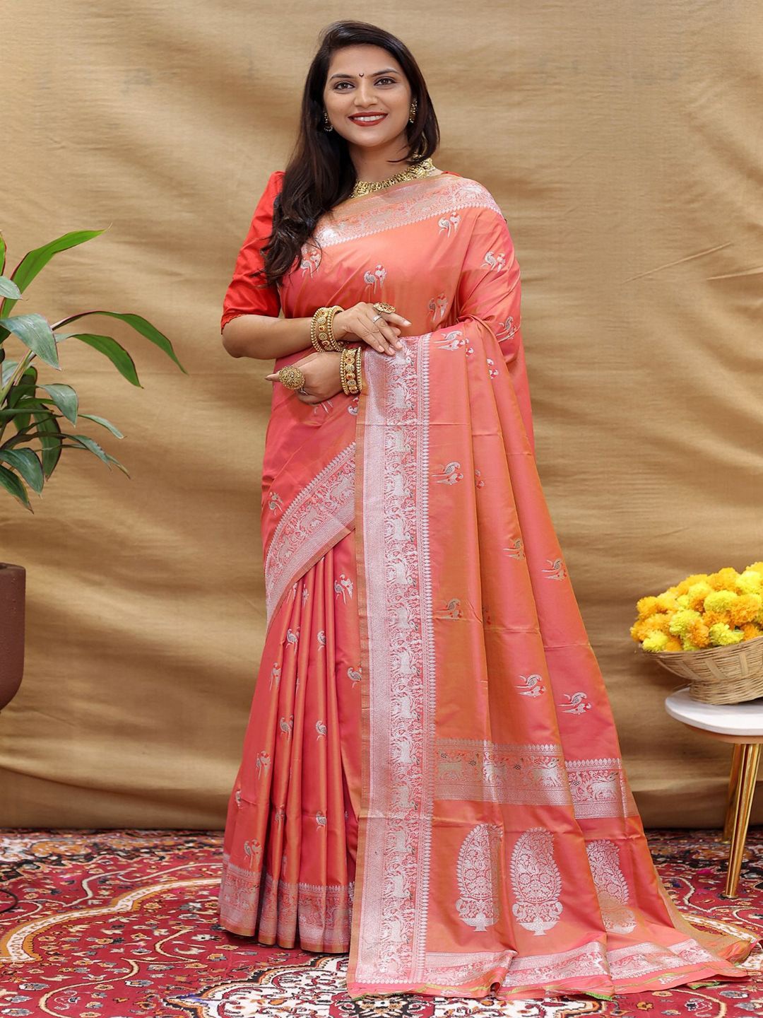 

SGF11 Woven Design Pure Zari Heavy Work Kanjeevaram Silk Saree, Peach