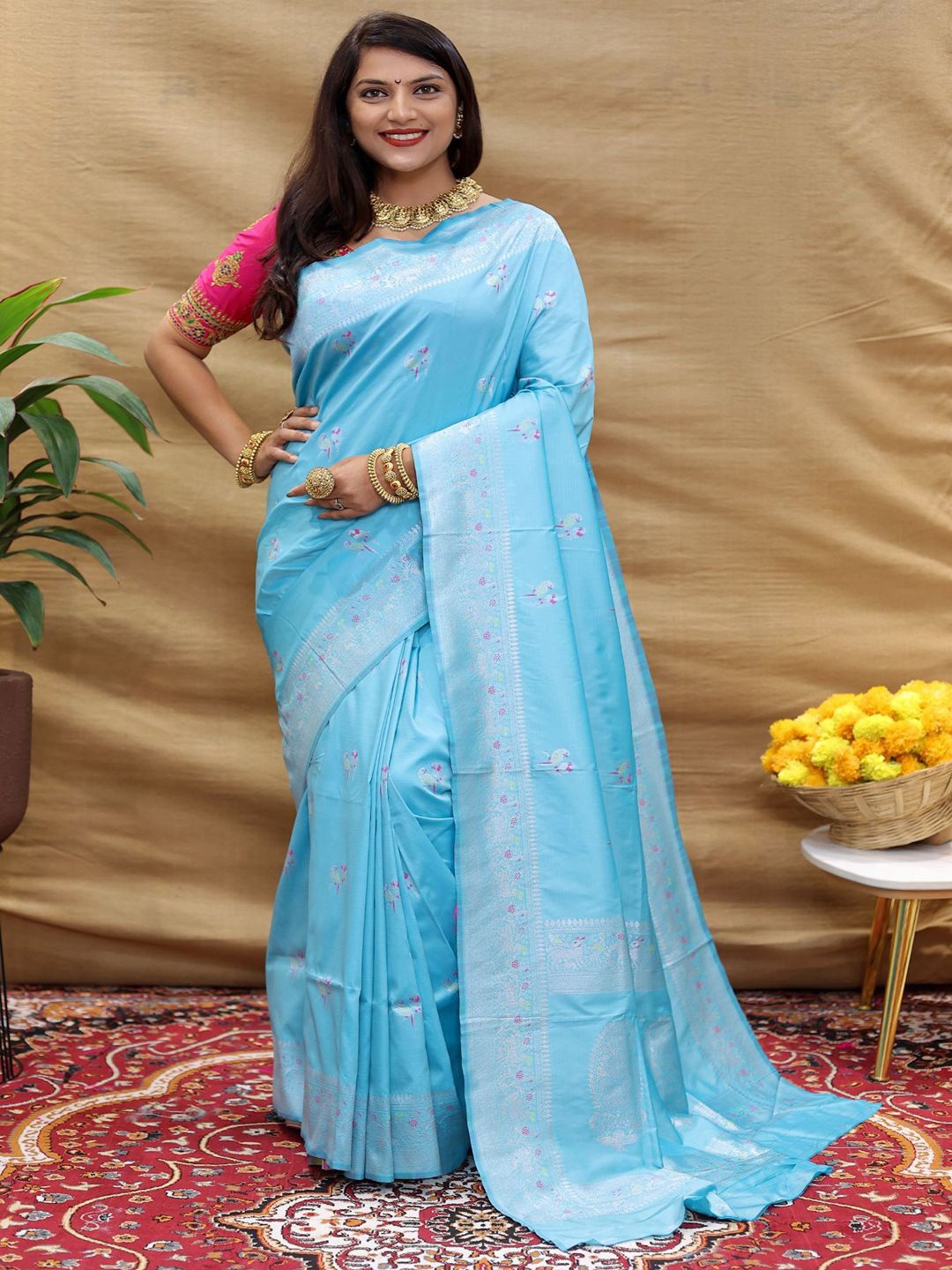 

SGF11 Woven Design Pure Zari Heavy Work Kanjeevaram Silk Saree, Blue