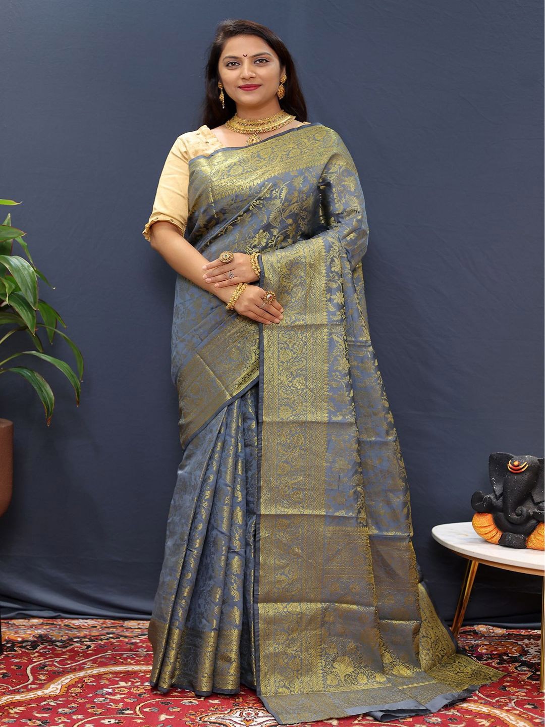 

SGF11 Woven Design Heavy Zari Work Kanjeevaram Silk Saree, Grey
