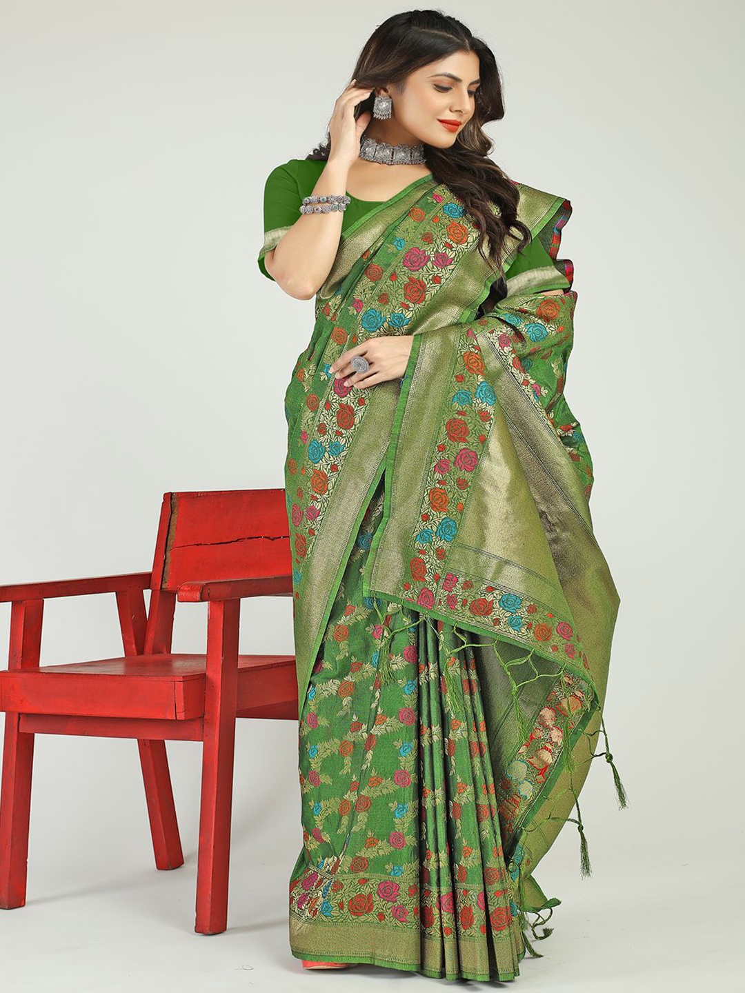 

SGF11 Woven Design Heavy Zari Work Kanjeevaram Silk Saree, Green