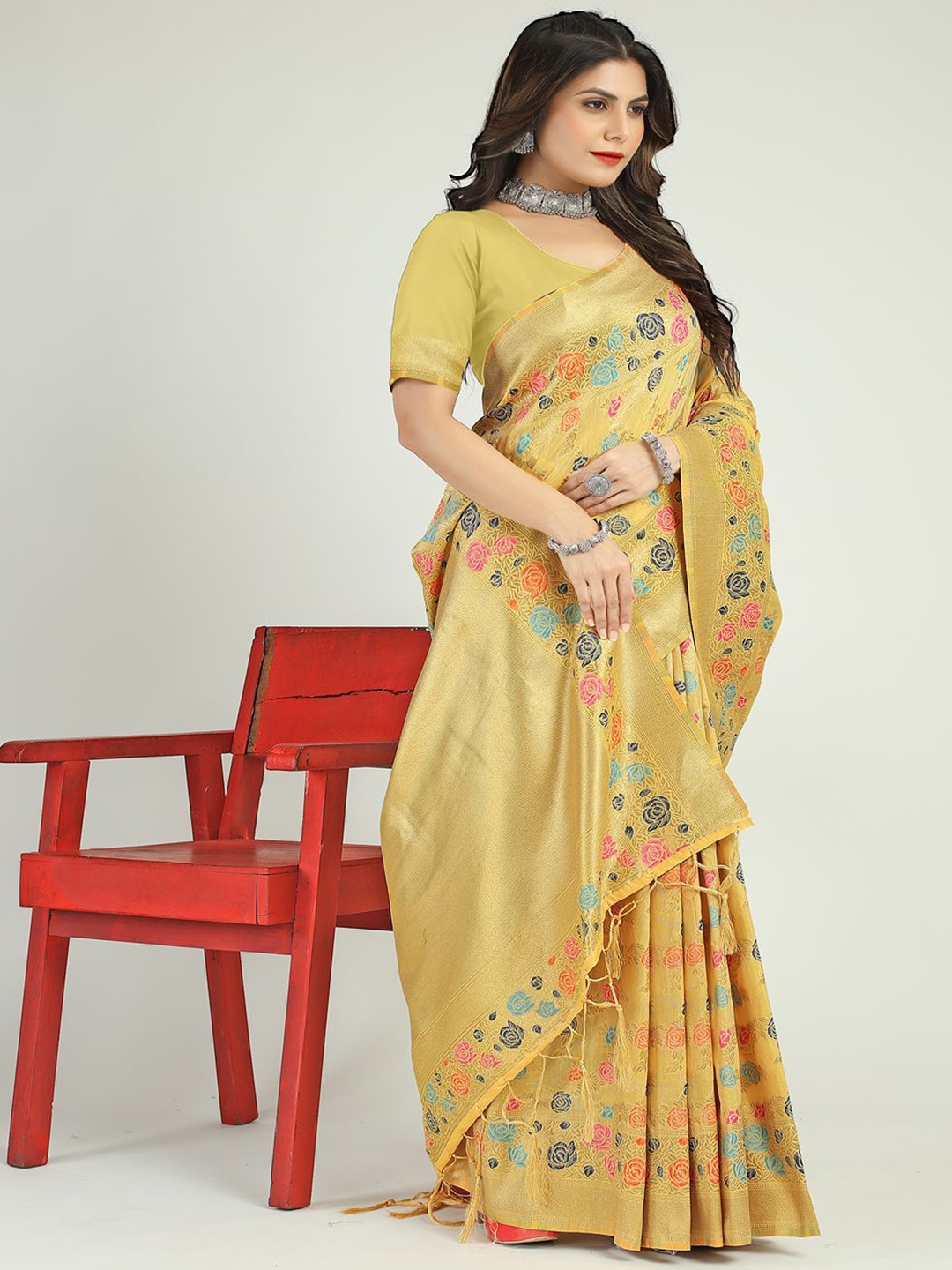 

SGF11 Woven Design Heavy Zari Work Kanjeevaram Silk Saree, Yellow