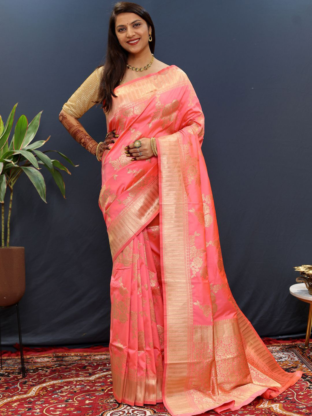 

SGF11 Woven Design Heavy Zari Work Kanjeevaram Silk Saree, Peach