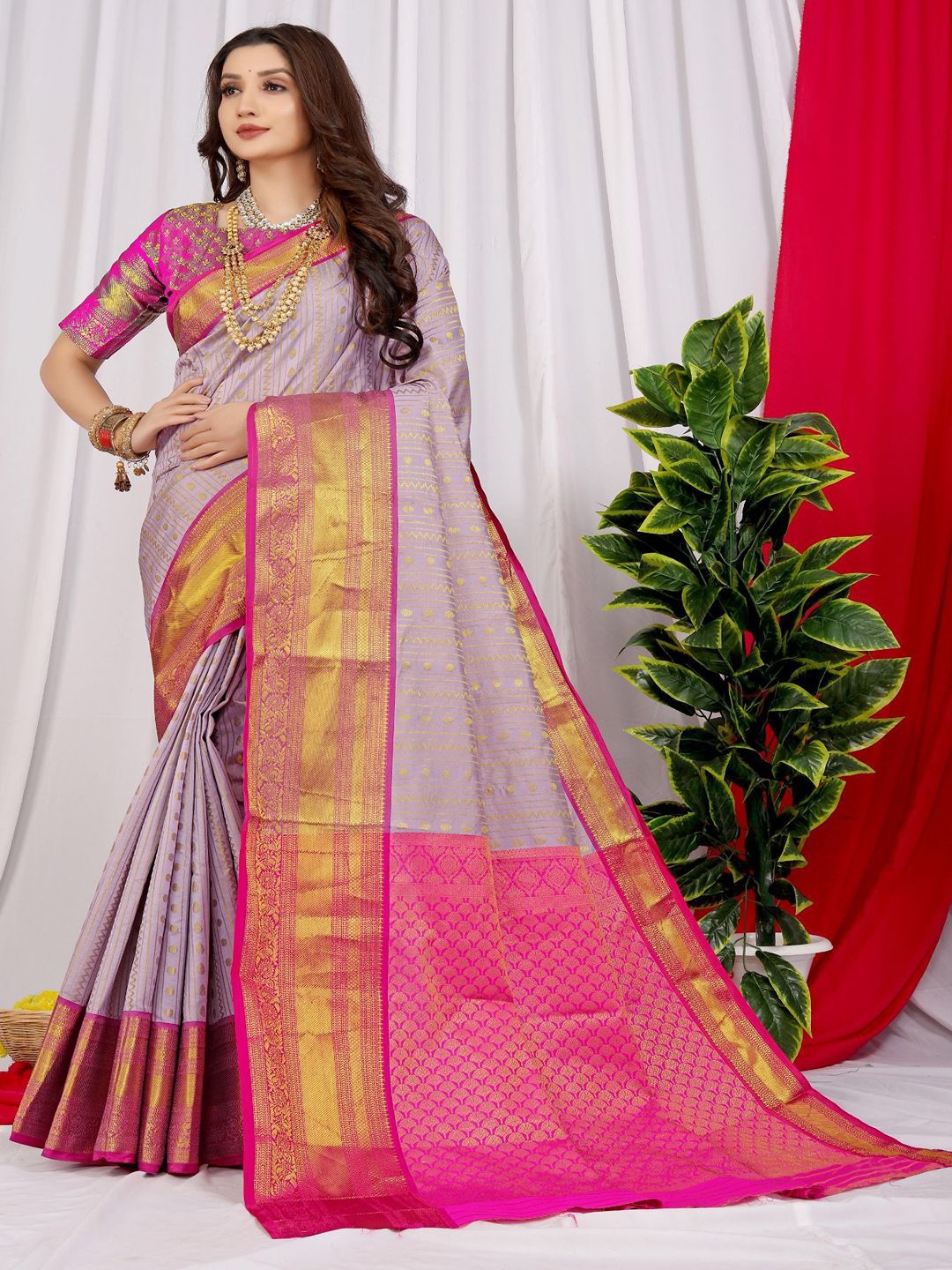 

SGF11 Woven Design Heavy Zari Work Kanjeevaram Silk Saree, Grey