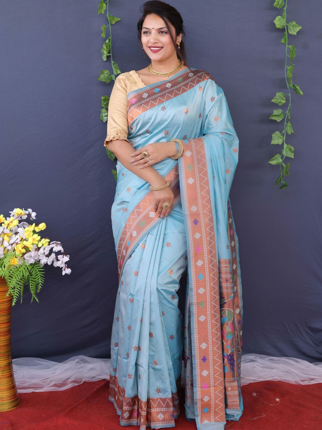 

SGF11 Woven Design Pure Zari Heavy Work Paithani Kanjeevaram Silk Saree, Blue