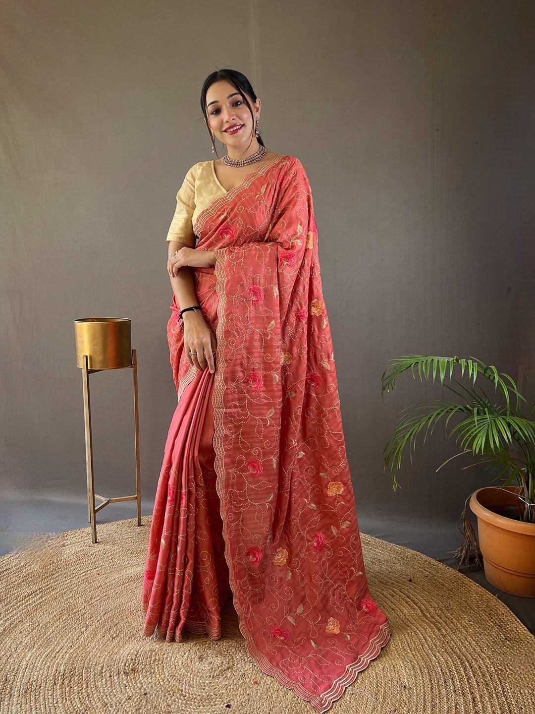 

SGF11 Embellished Embroidered Heavy Work Art Silk Saree, Peach