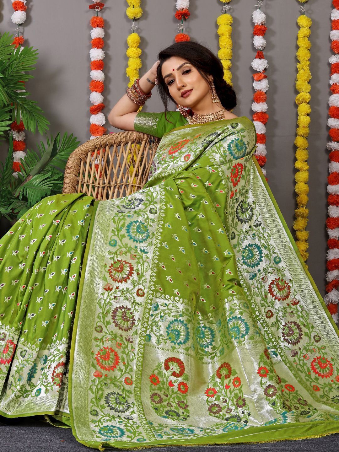

SGF11 Woven Design Pure Zari Heavy Work Paithani Kanjeevaram Silk Saree, Green