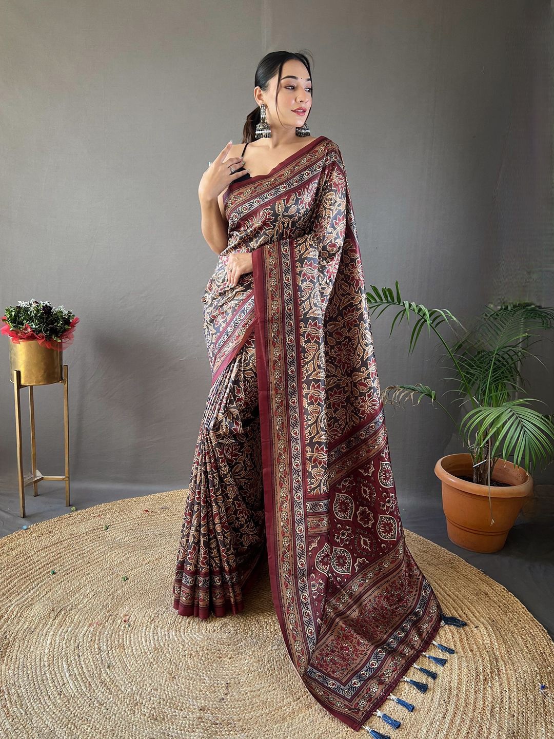 

SGF11 Kalamkari Printed Silk Cotton Chanderi Saree, Black