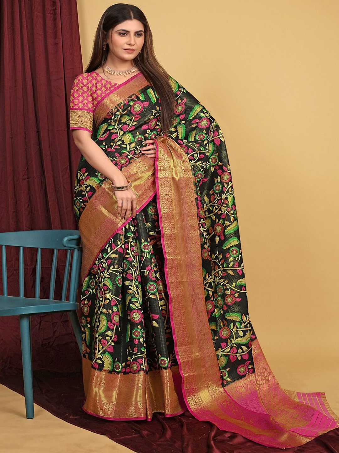 

SGF11 Woven Design Heavy Zari Work Kanjeevaram Silk Saree, Black