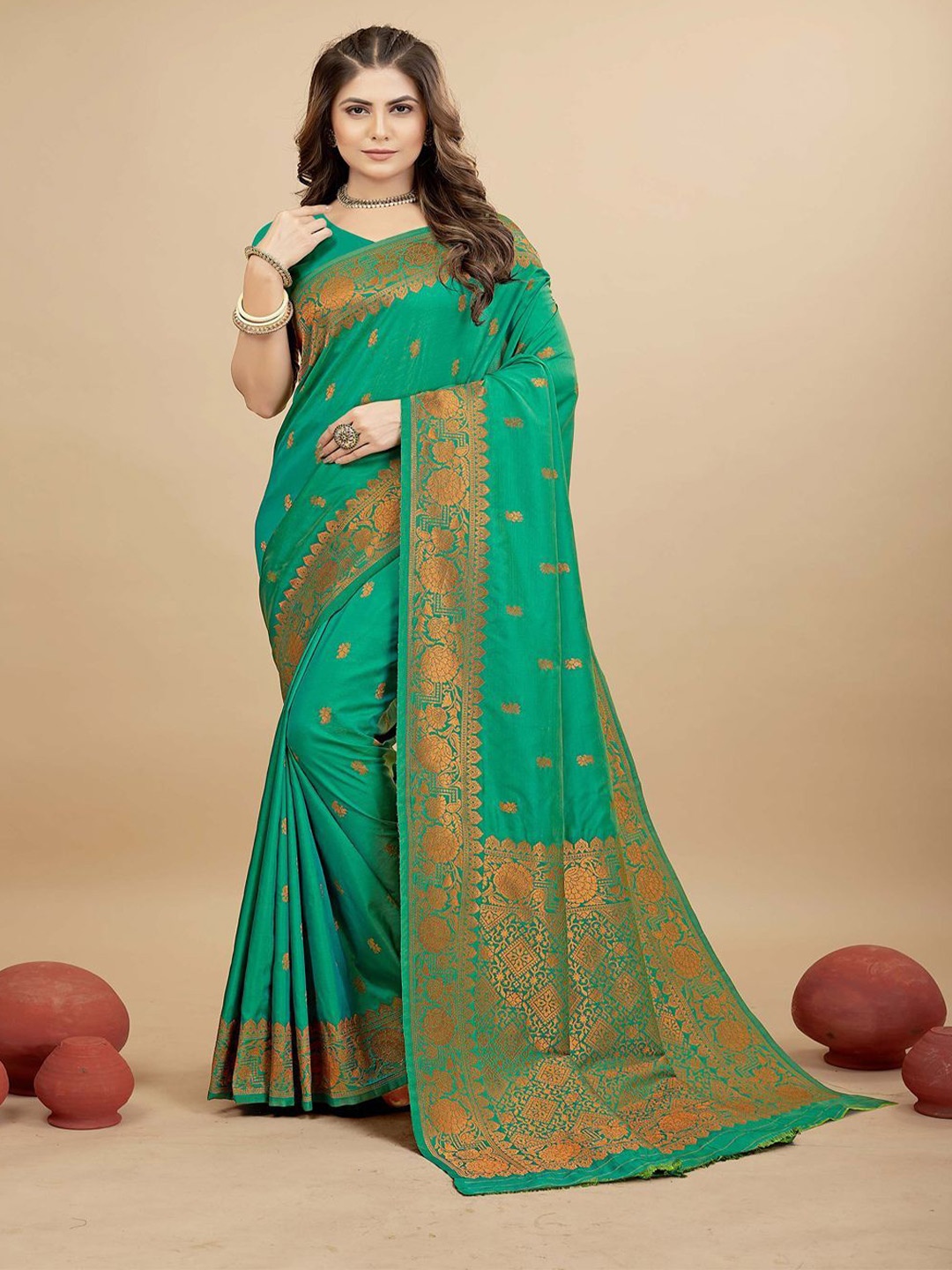 

SGF11 Woven Design Pure Zari Heavy Work Kanjeevaram Silk Saree, Green