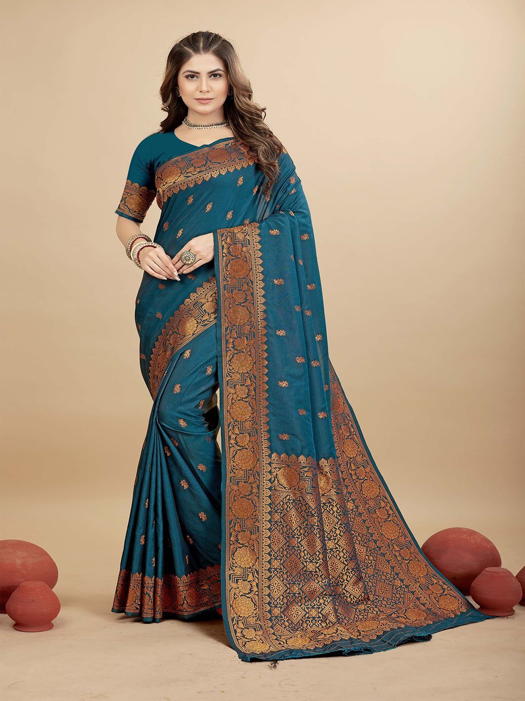 

SGF11 Woven Design Pure Zari Heavy Work Kanjeevaram Silk Saree, Teal