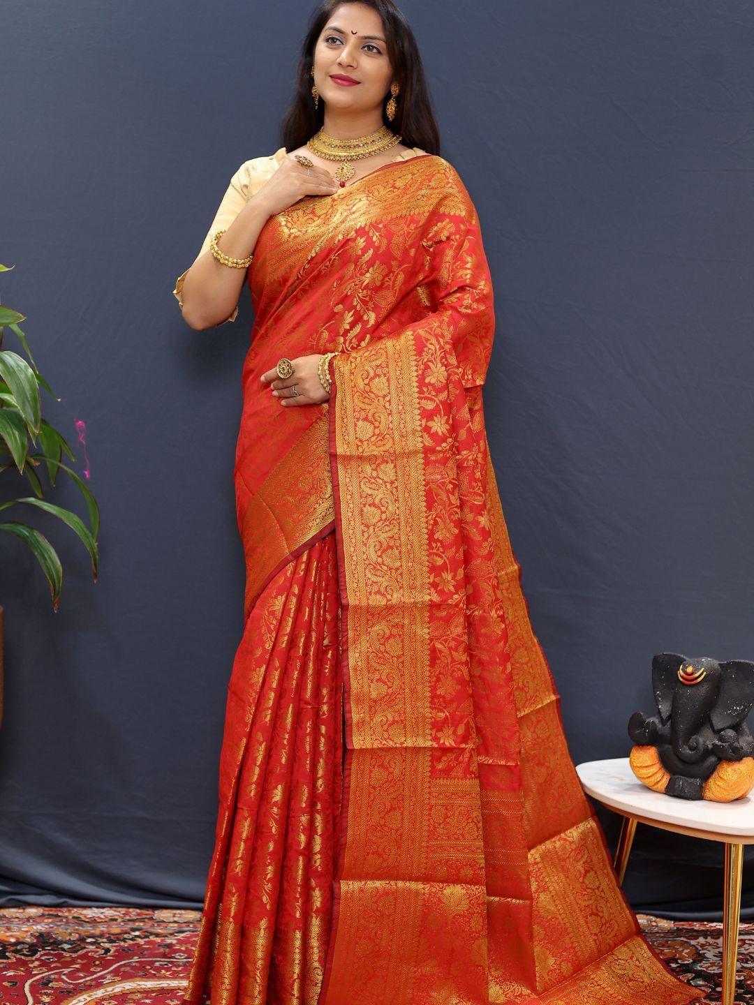 

SGF11 Woven Design Heavy Zari Work Kanjeevaram Silk Saree, Orange