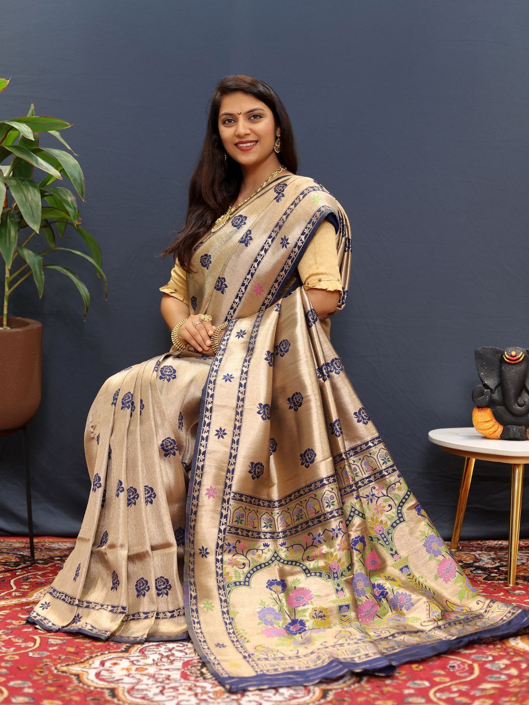 

SGF11 Woven Design Zari Work Kanjeevaram Silk Saree, Beige