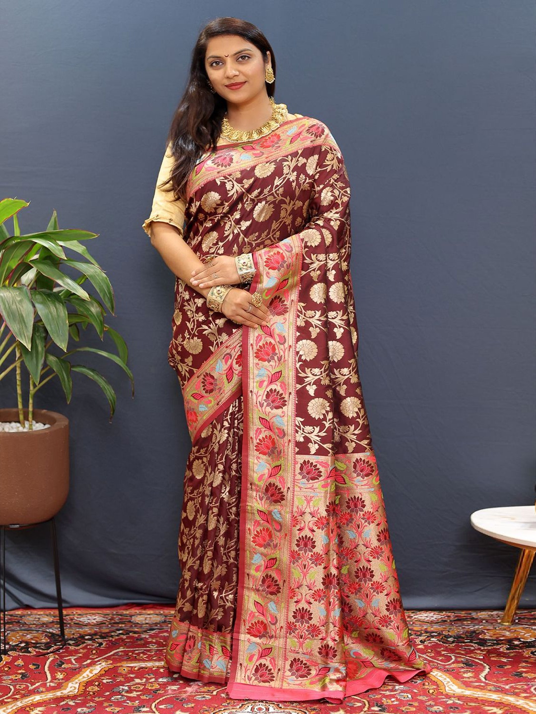 

SGF11 Woven Design Pure Zari Heavy Work Paithani Kanjeevaram Silk Saree, Maroon