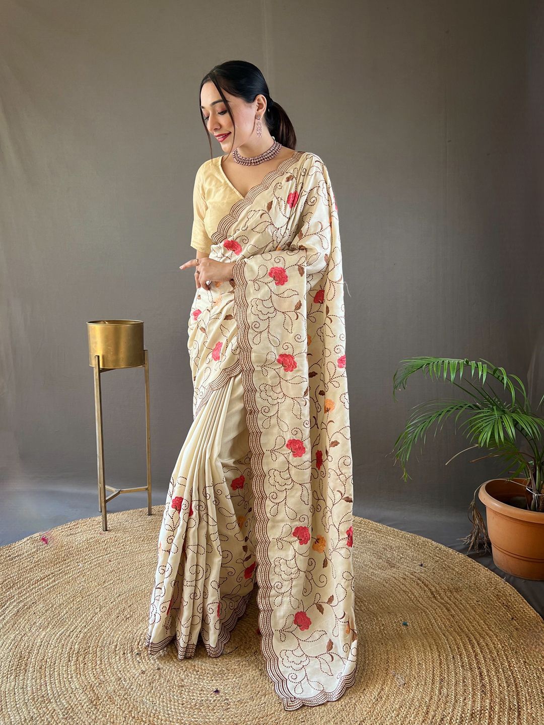 

SGF11 Embellished Embroidered Heavy Work Art Silk Saree, Cream