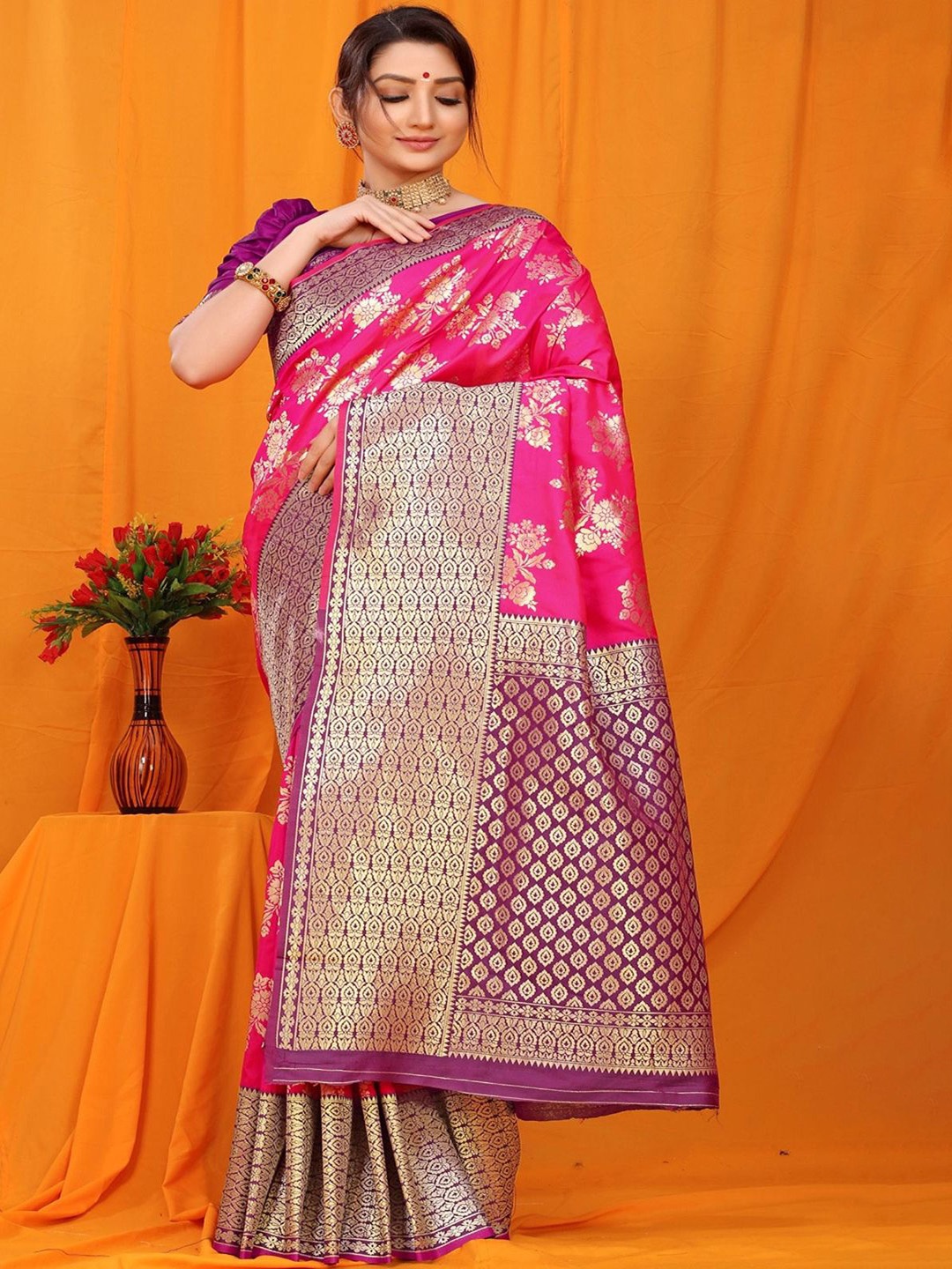 

SGF11 Woven Design Heavy Zari Work Kanjeevaram Silk Saree, Pink