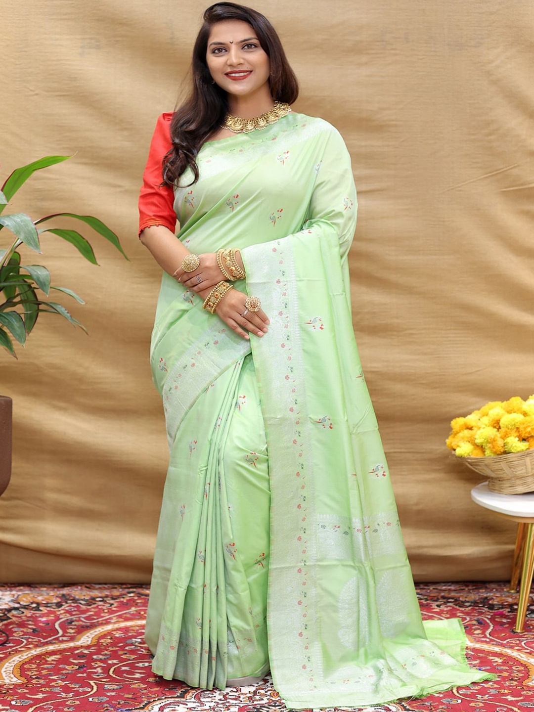 

SGF11 Woven Design Pure Zari Heavy Work Kanjeevaram Silk Saree, Green