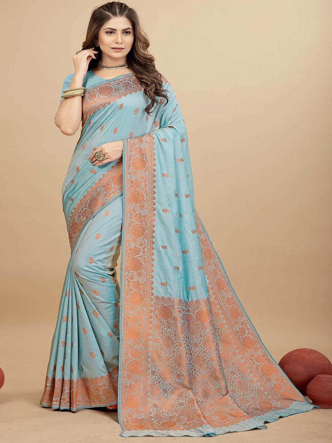 

SGF11 Woven Design Pure Zari Heavy Work Kanjeevaram Silk Saree, Blue