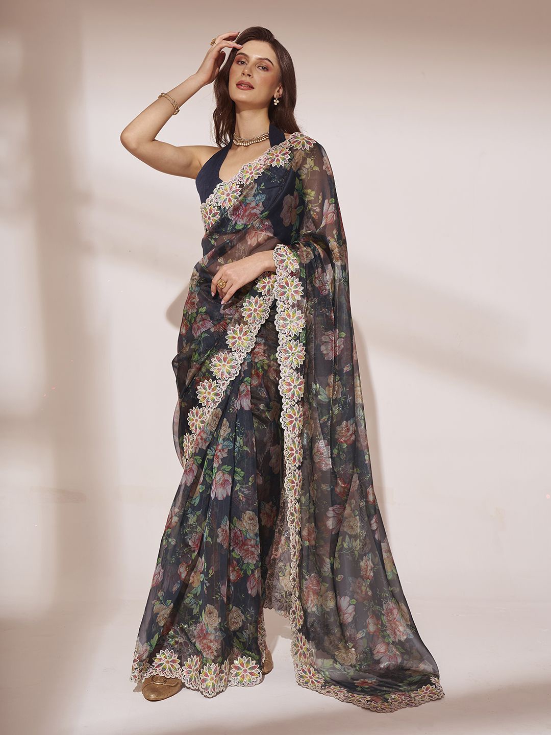 

MySilkLove Floral Embroidered Saree, Black