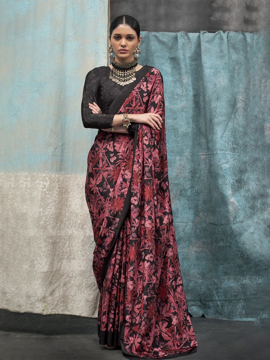 

MySilkLove Floral Satin Saree, Brown