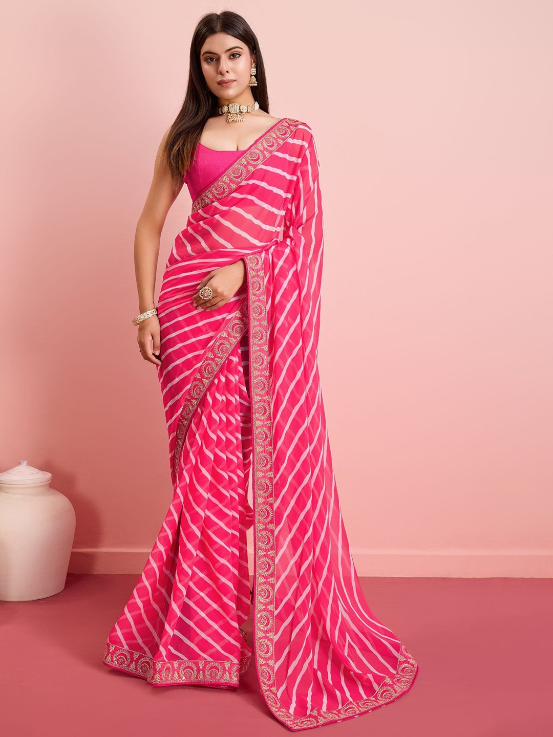 

MySilkLove Striped Embroidered Saree, Pink
