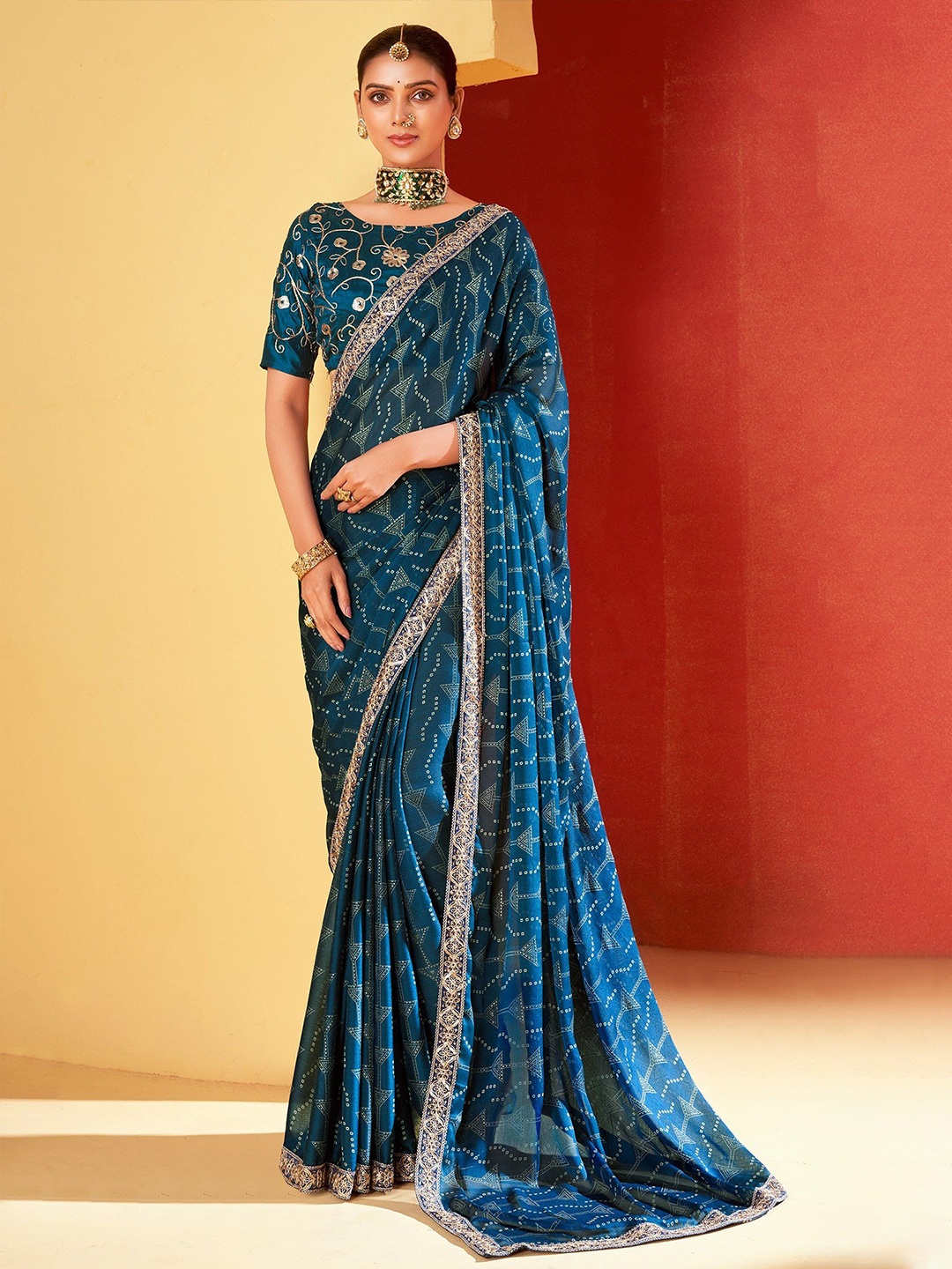 

MySilkLove Bandhani Embroidered Pure Chiffon Saree, Blue