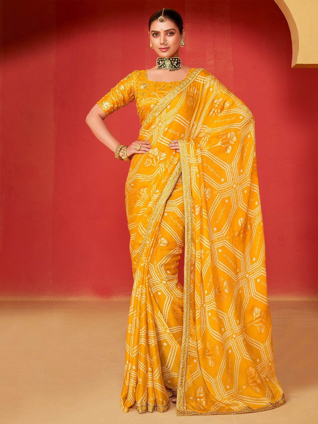 

MySilkLove Bandhani Printed Embroidered Pure Chiffon Saree, Yellow