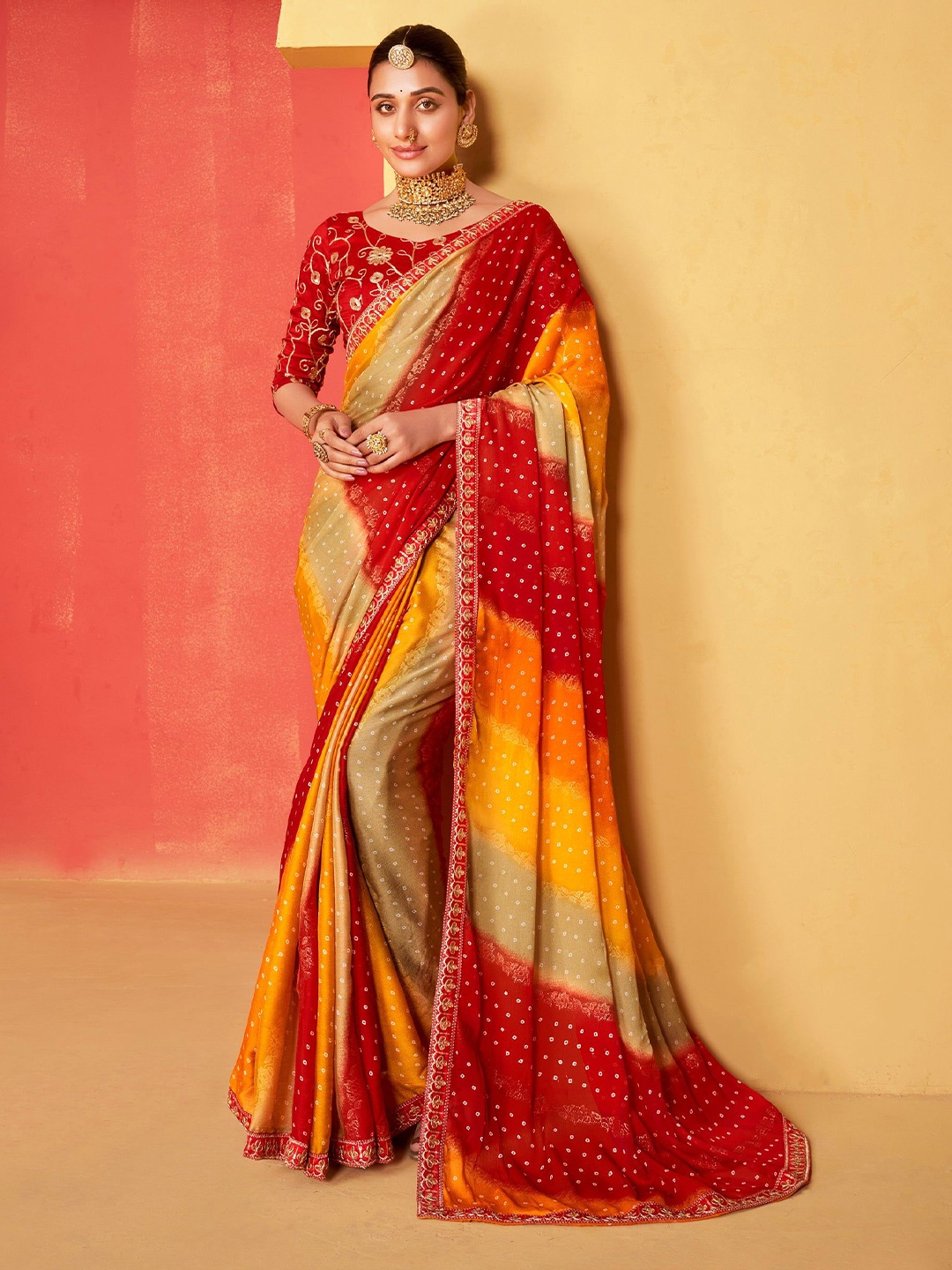 

MySilkLove Bandhani Embroidered Pure Chiffon Saree, Red