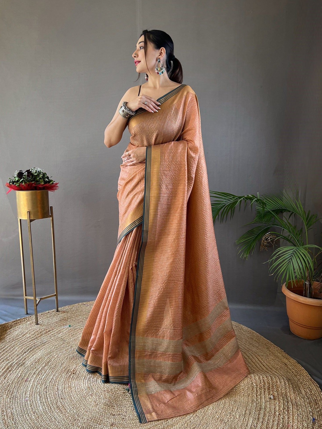 

MySilkLove Checked Zari Organza Saree, Orange